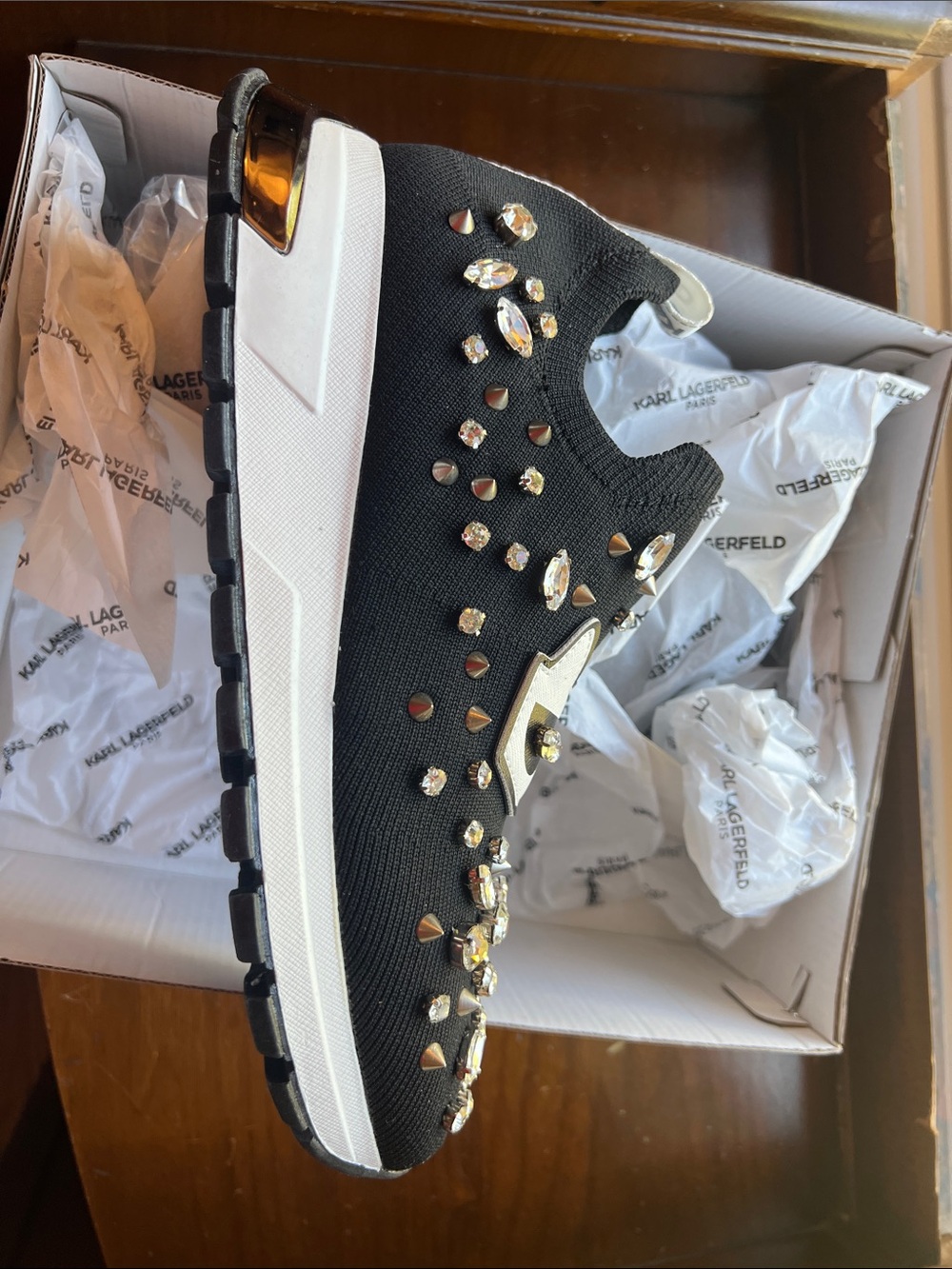 Karl Lagerfeld Women’s Black Slip-On Sneaker with Crystal Studs and Cat Motif - Picture 3 of 7